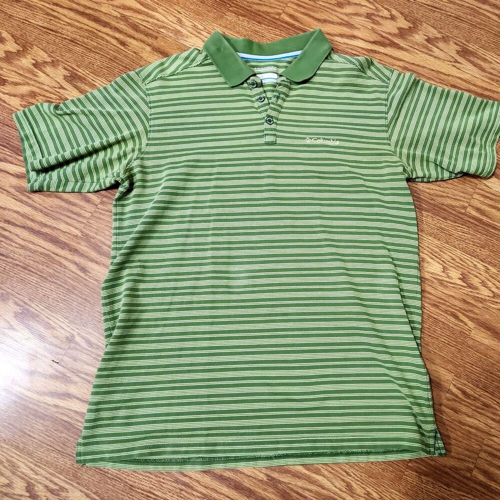Columbia Omni-Wick Mens Large Performance Golf Polo Shirt Green Striped Casual